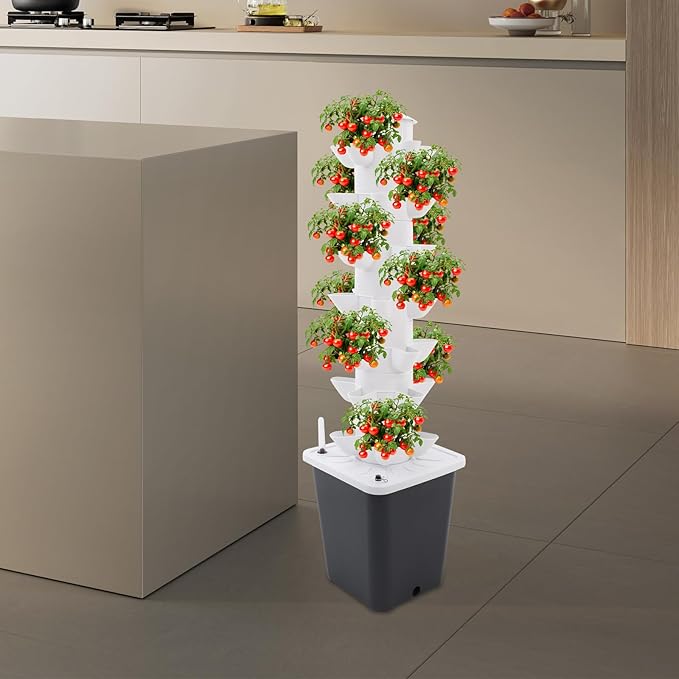 7-Tier Hydroponic Growing Tower System 35 Holes Vertical Indoor Garden with Water Pump White and Grey 96cm Height for Home Balcony Herb Vegetable Planting (Grey)