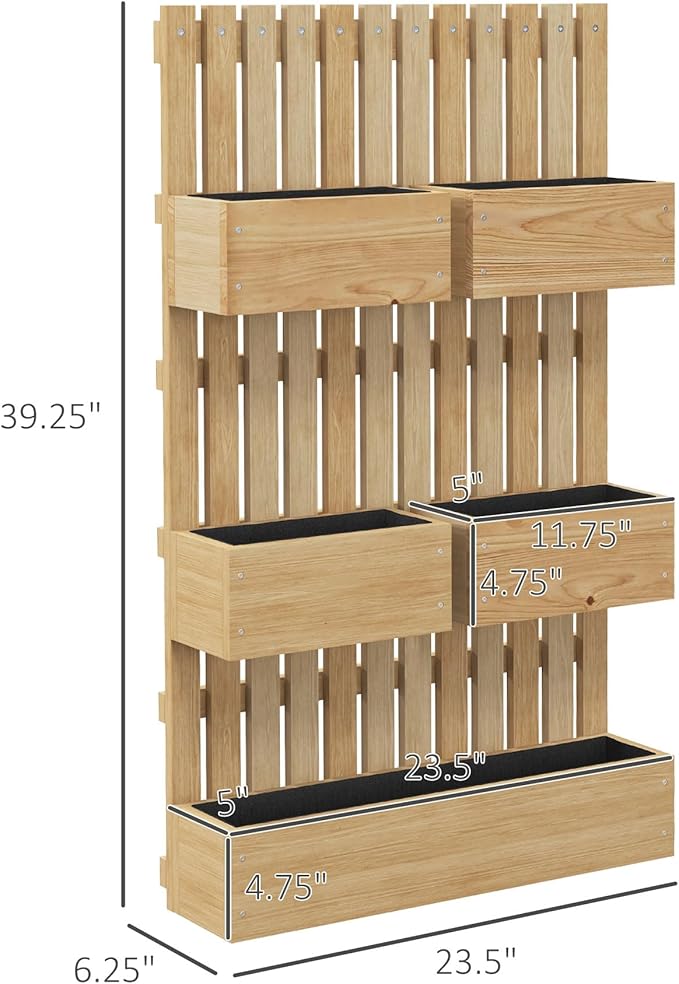 Outsunny 5 Box Raised Garden Bed with Trellis for Vine Flowers &amp Climbing Plants 39 Tall Wall-Mounted Wood Planter Box Set with Adjustable Height Drainage Hole Natural
