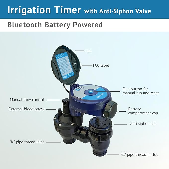 DIG BTC-ASV Bluetooth Battery Powered Weatherproof Wireless Irrigation Controller w/ Anti Siphon Valve - Smart Easy-to-Use Compatible with Residential Drip and Sprinkler Irrigation Systems