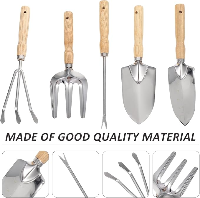 5pcs Garden Planting Tool Set with Wooden Handle Handheld Spade Cultivator Fork and Soil Loosening Rake for Outdoor Vegetable Garden Weeding and Flower Cultivation