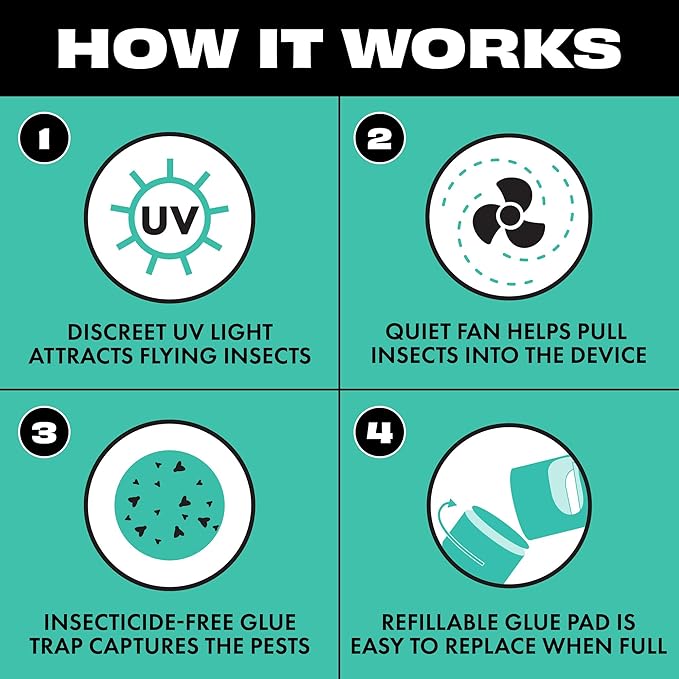 STEM Flying Insect Fan Trap for Indoor Bug Control Attracts Mosquitoes Fruit Flies and House Flies Plug-in Fan with UV Light Starter Kit Includes 1 Device and 5 Glue Traps