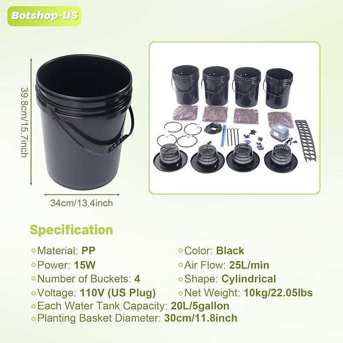 DWC Hydroponics Grow System with Top Drip Kit 5-Gallon 4 Buckets Deep Water Culture Recirculating Drip Garden System with Air Pump Hose Air Stone (4 Buckets + Top Drip Kit)