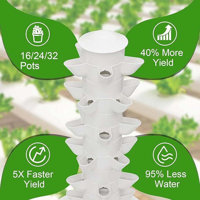 Hydroponics Growing System Vegetable Plant Tower Vertical Hydroponic Tower 16/24/32 Pots PVC Pipe Hydroponic Kit Growing Sys for Leafy Vegetables Grow Lettuce and Fruits4columns