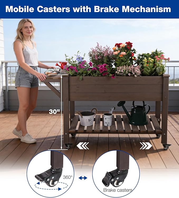 Raised Garden Bed Outdoor with Wheels 52.7 Elevated Wooden Garden Bed with 8 Planter Boxes Removable Dividers Storage Shelf Standing Mobile Planter with Non-Woven Liner