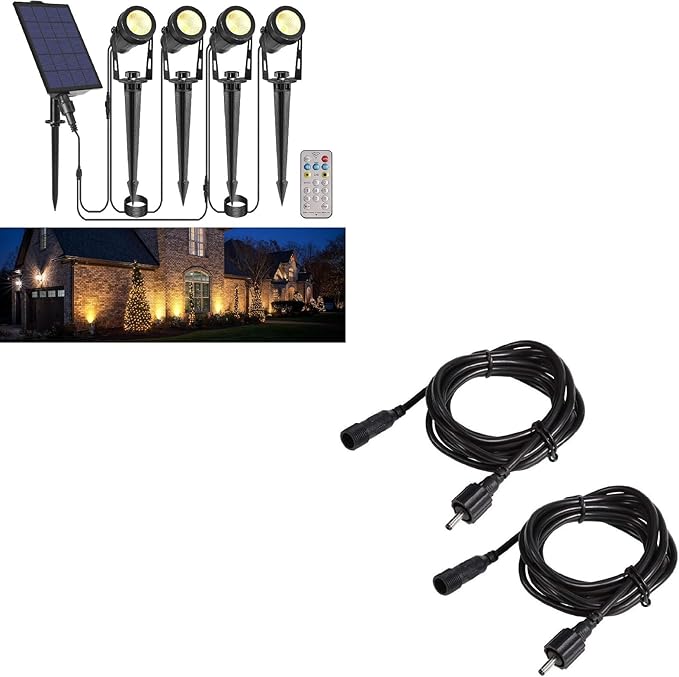 B-right Solar Spot Lights Outdoor 8 Modes IP65 Waterproof Solar Powered Garden Spotlights 4-in-1 Landscape Lighting Auto On/Off with Remote + 2 * 6.56ft Extension Cable IP65 Waterproof Extension Cord