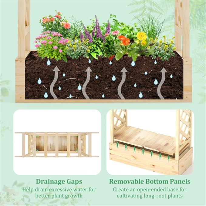 Pine Wood Garden Bed with Trellis Wooden Planter BoxArden Bed with Sided Trellis &amp Hanging Roof Wood Planter Box Freestanding Garden Planter Raised Bed for Flowers Herbs Climbing Vines