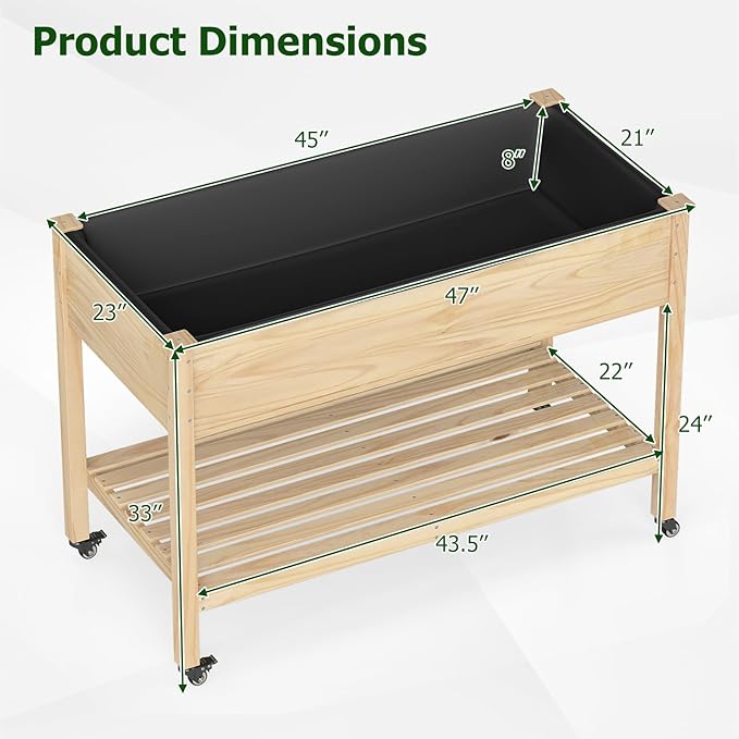 2 Pcs Raised Garden Bed with Legs Wood Raised Planter w/Lockable Wheels Drainage Holes &amp Storage Shelf Planter Box for Flowers Herbs Outdoor Balcony Backyard 47 L x 23 W x 33 H