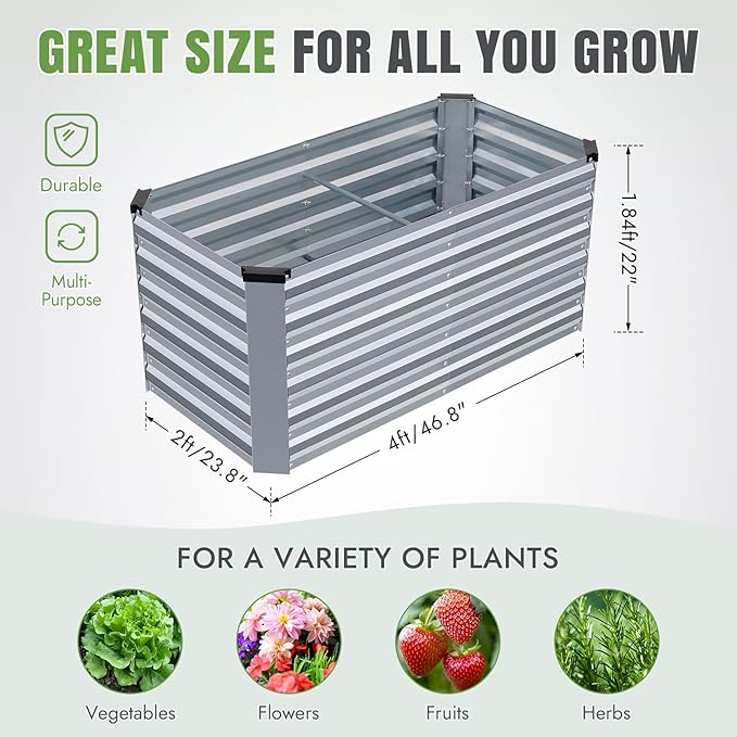 INNO STAGE 4x2x2ft Galvanized Raised Garden Bed Raised Garden Bed Kit-Metal Planter Box Outdoor Planting for Vegetables Fruits Herbs Flowers Silver