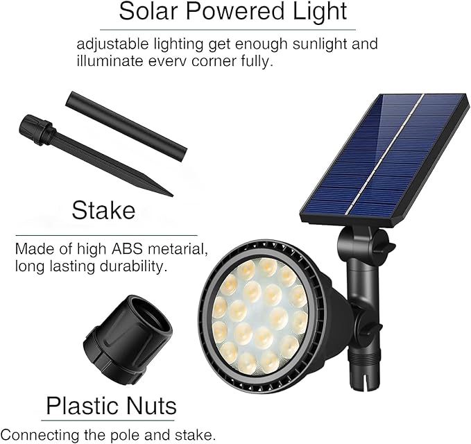 JSOT Solar Spot Lights Outdoor Waterproof Outdoor Landscape Spotlights Flood Light for Pathway Path Driveway Backyard Decor 600 Lumen 18 LED Beads 2 Lighting Options(Warm White 2 Pack)