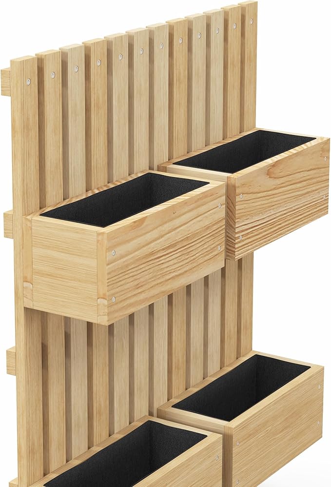 4 Box Raised Garden Bed with Trellis for Vine Flowers Climbing Plants 31.5 Tall Wall Mounted Wood Planter Box Set with Adjustable Height Drainage Hole Natural