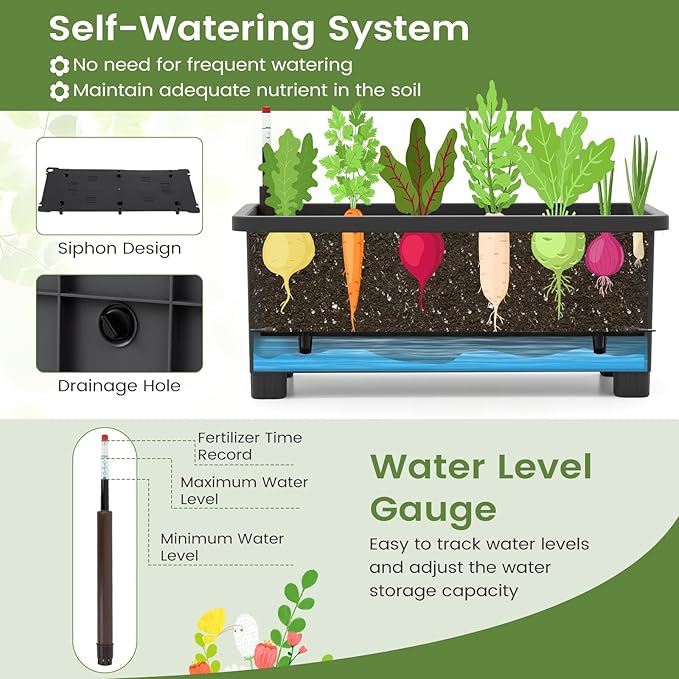 Giantex Raised Garden Bed with Legs &amp Trellis for Climbing Plants Self-Watering Planter Box w/Water Level Gauge for Vine Flower Herb Vegetable (29.5x13.5x76)