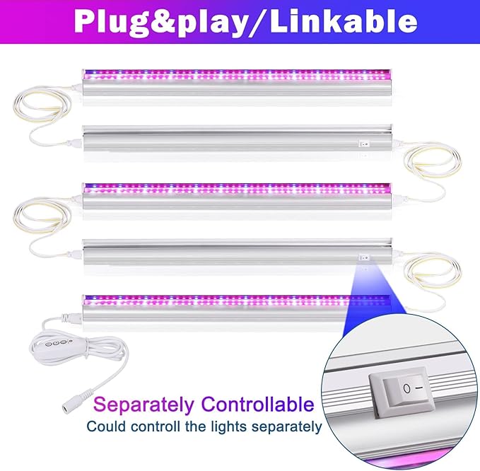 LED Plant Grow Light Strips - Anpro Grow Lights for Indoor Plants with Separate Switch 5 x 10W Auto On &amp Off Timer 4 Dimmable Levels T5 Plant Lights(16.5 Inches) Plug and Play 5-Pack