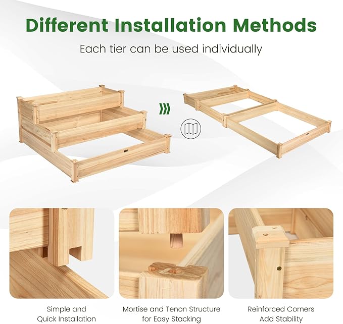 COSTWAY 3-Tier Raised Garden Bed Wooden Elevated Planter Box for Vegetables Flowers Herbs Fruits Outdoor Growing Planter Box Stand for Garden Backyard Patio Balcony