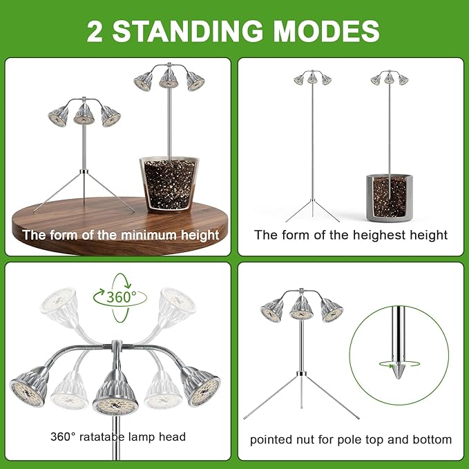 Full Spectrum Grow Light for Indoor Plants with Adjustable Tripod Stand 11''- 60'' Height Plant Grow Lamp with Auto Timer 3/9/12H LED Plant Light for Houseplants Seedlings Flowers &amp Indoor Gar