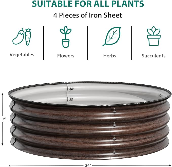 Round Raised Garden Bed 3PCS 2 x 1ft Galvanized Raised Boxes with Rust Corrosion Protection Easy Assembly Safe Edge Metal Garden Bed Kit for Planting Vegetables Fruits Flowers Wood