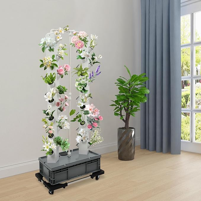 56-Hole Hydroponic Growing System Vertical Garden Tower with Automatic Watering Timer 4 Wheels for Indoor Outdoor Use | Grow Lettuce Strawberries Tomatoes Herbs