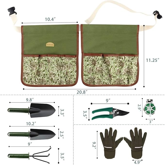Garden Tool Set 8 Pcs Stainless Steel Heavy Duty Metal Gardener Gardening Hand Tool Set with Belt Bag Includes 8 Small Pockets Outdoor Heavy Duty Gardening Work Set with Ergonomic Handle