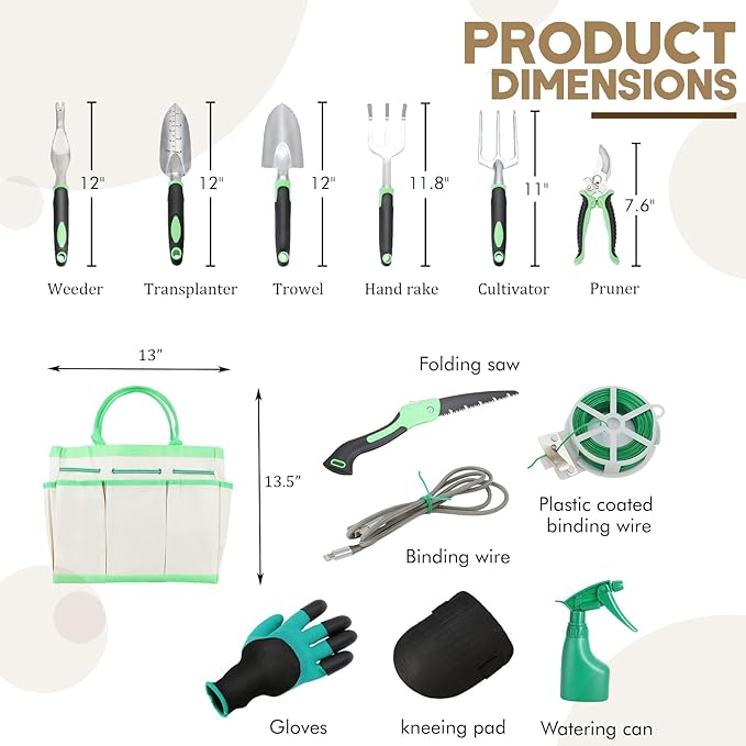 Green Garden Tools Set 12-Piece Heavy Duty Steel Gardening Tools with Canvas Water-Proof Storage Bag 12 Trowel Transplanter Weeder with Non-Slip Soft Handles Perfectly Meets Your Various Needs