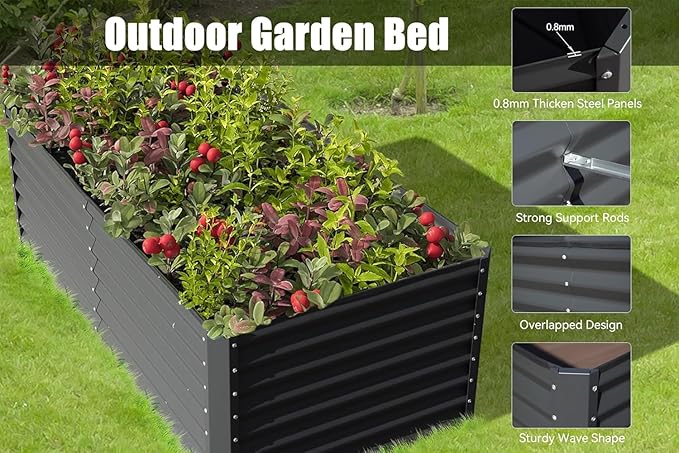 8×4×1.5 ft Galvanized Raised Garden Bed Outdoor Planter GBoxes Large Metal Planter Box for Gardening Vegetables Fruits Flowers Dark Grey