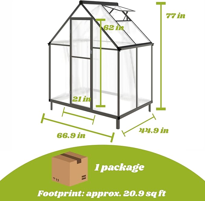 6x4 FT Greenhouse for Outdoors Polycarbonate Greenhouse with Quick Setup Structure and Roof Vent Aluminum Large Walk-in Green House for Outside Garden Backyard Dark Gray