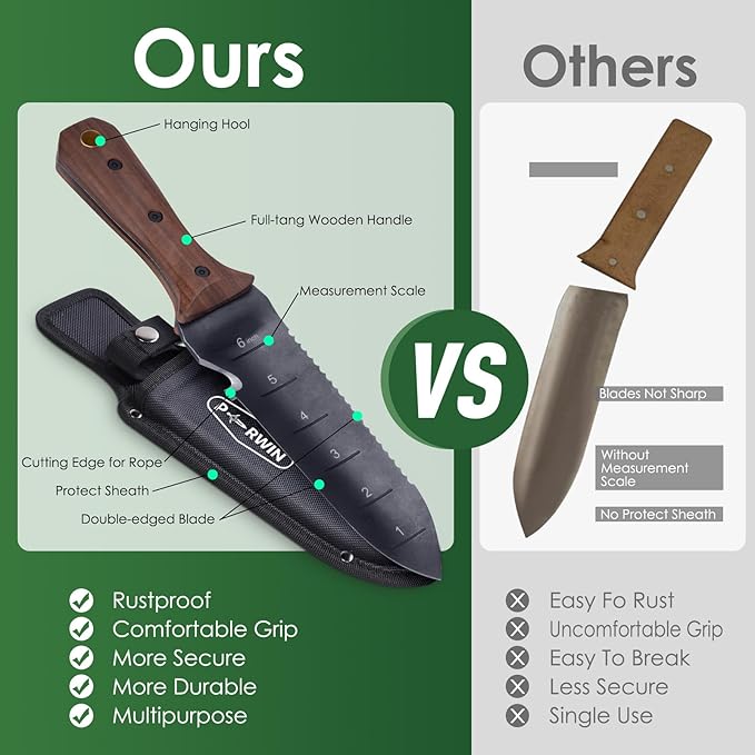 Hori Hori Garden Knife Garden Tools with Sheath for Weeding Planting Digging 7 Stainless Steel Blade with Cutting Edge Full-Tang Wood Handle with Hanging Hole