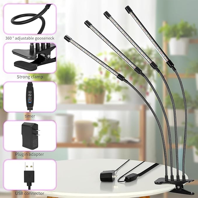 Plant Grow Light - 6000K Full Spectrum with Adjustable Red &amp White LEDs 10-Level Dimming USB Powered Clip-On Lamp for Indoor Plants Timer Function (4 Head)