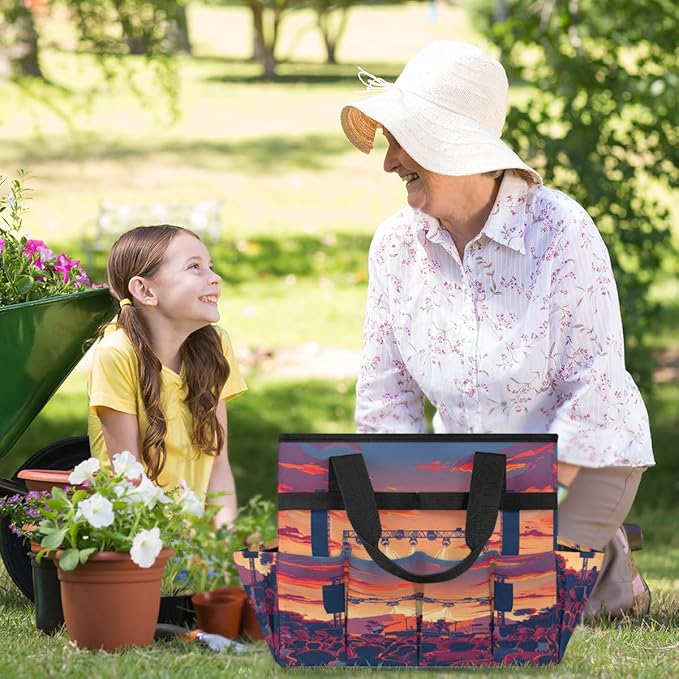 Sunset Music Festival Pattern Garden Tool Bag for Women Men Garden Storage Tote Bag with 10 Pockets &amp Handle Gardening Tool Organizer for Garden Patio Indoor Outdoor