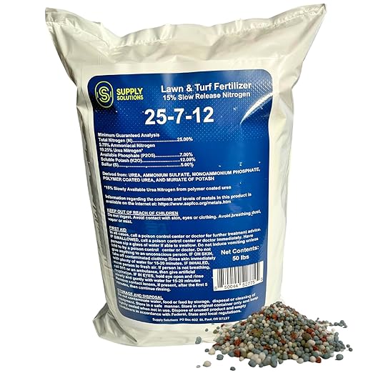 Supply Solutions 25-7-12 Lawn and Turf Fertilizer - 15% Slow Release Nitrogen Lawn Fertilizer for All Grass Types Shrubs - Turf Builder Plant Food Covers 12500 sq.ft (50lbs)