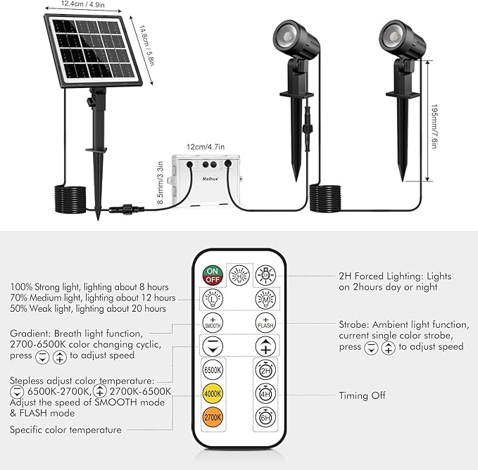 MEIHUA Solar Spotlights Outdoor 2 in 1 Solar Powered Landscape Spotlights 2700K/4000K/6500K 3 Brightness with Remote Control IP66 Waterproof Solar Spot Lights Outdoor for Garden Pathway