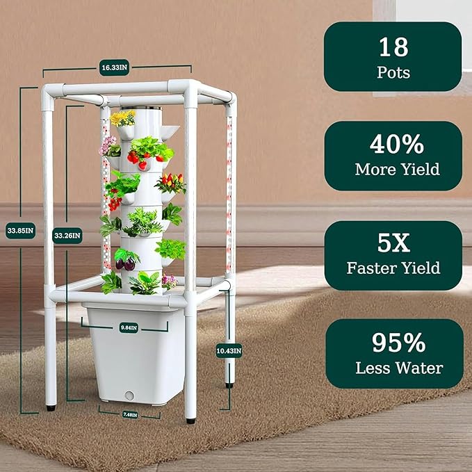 Hydroponics Growing System18-Plant Hydroponics Tower Indoor Vertical Garden with LED Timing Grow LightNursery Germination Kit Including Water LevelWater TankTimer