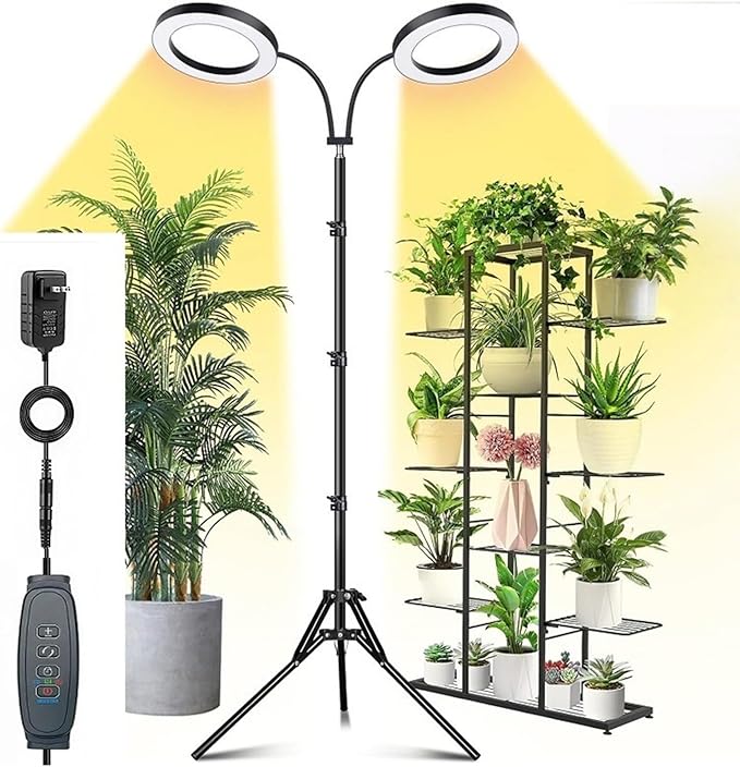 Plant Grow Light 3/9/12h Timer 6 Brightness 360 Gooseneck Tube 2/3 Heads 108 LEDs Full Spectrum Plant Light with Height Adjustable &amp Tripod Stand for Indoor (US Plug 2 Heads 20W Use 2A