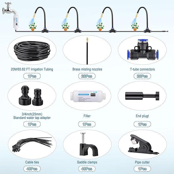 Mornajina Automatic Drip Irrigation Kits Garden Irrigation System Includes Calcium Inhibitor Filter &amp 66FT 5/16 inch Irrigation Tubing Hose &amp 20Pcs 360° Bending Dropper Atomizing Mist Nozzles