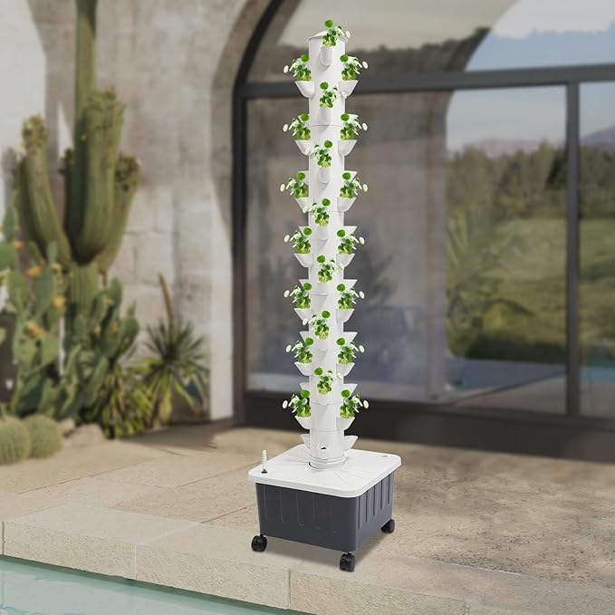 Vertical Hydroponic Growing System 15 Tier Moveable Hydroponic Garden Tower with 45 Planting Baskets Indoor Plants Germination Kit for Herbs Fruits &amp Vegetables