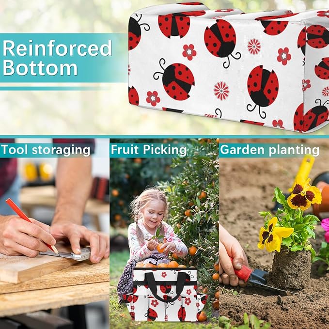 Ladybug Gardening Tool BagHeavy Duty Garden Tote BagPortable Oxford Flower Gardening Storage Basket Organizer Handbag with Pockets HandleHand Tools Gifts for Outdoor Garden Lawn Yard