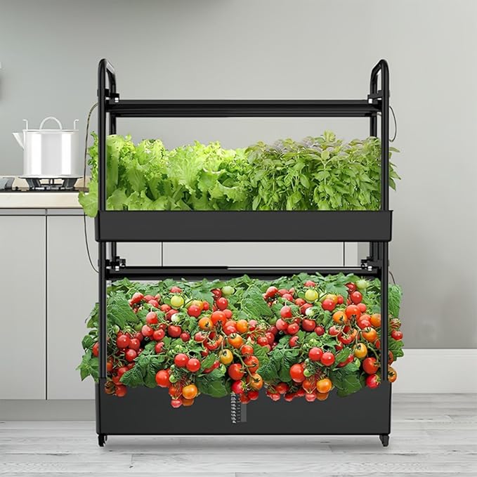 Hydroponics Growing System Kit with Universal Wheel Hydroponics Tower with Grow Light Auto Circulating Water System Adjustable Lamp Height for Fruits Vegetables