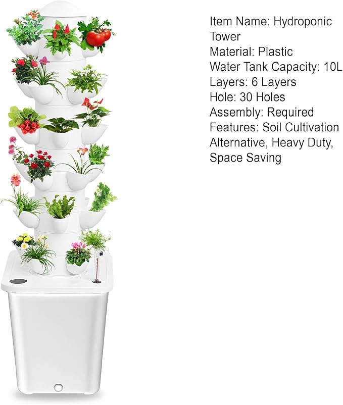 Vertical Hydroponics Garden Tower Hydroponics Growing System Kit 30-Plants Indoor Vertical Tower Garden System Kit Hydroponic Tower With 10L Tank Indoor Vertical Farming Garden Planter (White)