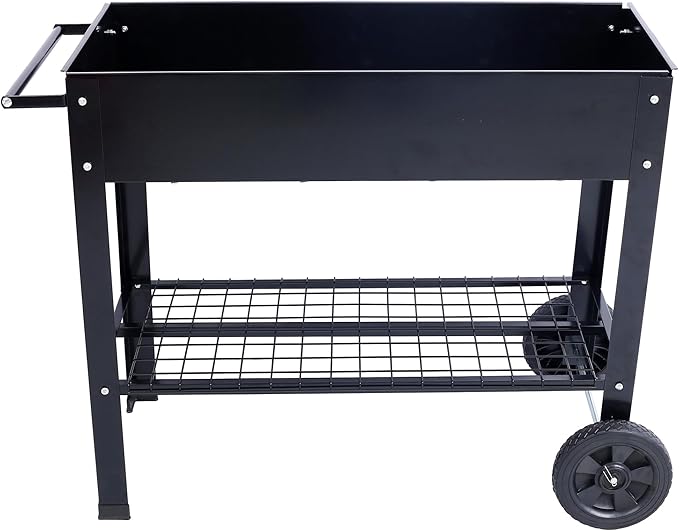 Black Elevated Mobile Metal Planter Garden Bed with Wheels &amp Lower Shelf Ergonomic Raised Bed for Backyard &amp Patio