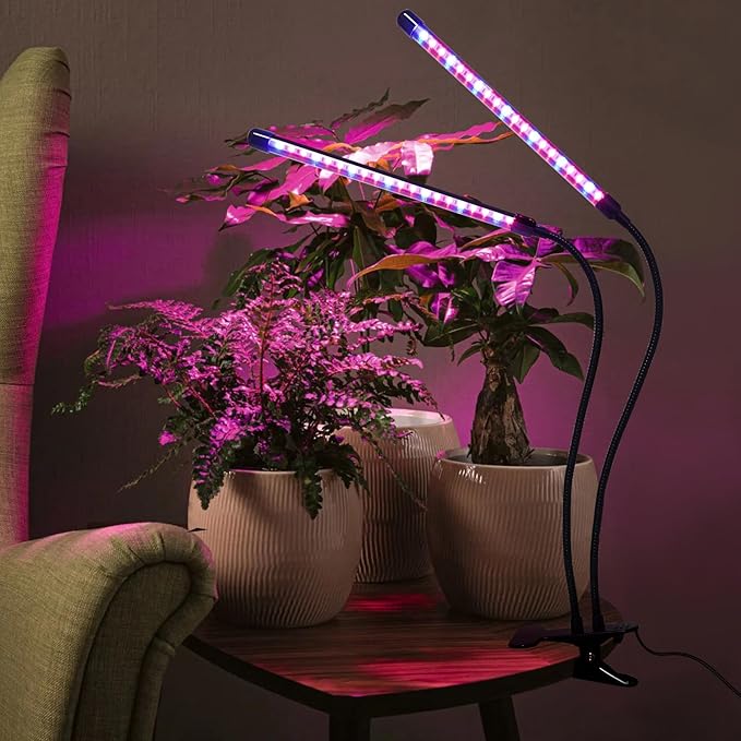 Solar Grow Lights with Batteries 2 Heads Clip Plant Growing Lamp with Red Blue Spectrum for Indoor Plants 3/9/12H Timer 3 Dimmable Level Adjustable Gooseneck3 Switch Modes Auto On Off