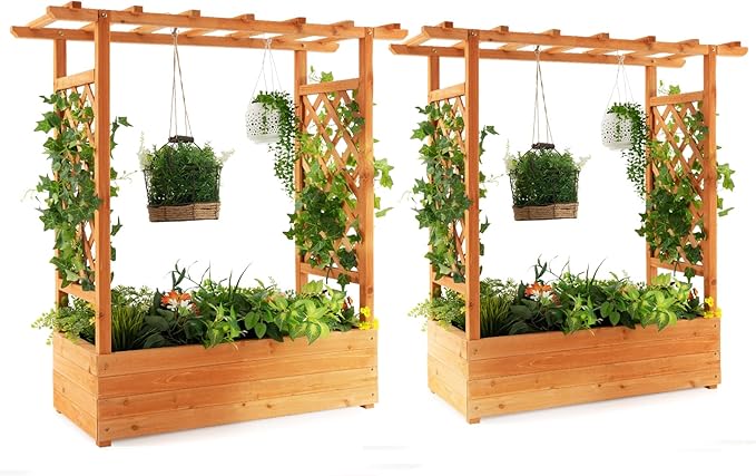 MAT EXPERT Raised Garden Bed with Trellis &amp Hanging Roof Lattice Panel with Drainage Hole for Flower Climbing Plant Herb Planter Box for Garden Patio Yard (2 43.5 x 17.5 x 44 (L x W x H)