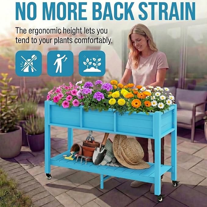 YITAHOME Raised Garden Bed HDPE 47x18x31In Raised Flower Bed Poly-Wood Weather-Resistant Elevated Planter Box with Lockable Wheels &amp Storage Shelf for Vegetable Flower Aruba Blue