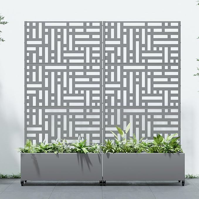 Casaphoria 72x35 Metal Raised Garden Bed with Trellis(2 Pack) Outdoor Planter Box with Wheels &amp Drainage Holes for Climbing Plants Flowers Elevated Garden Kit with Privacy Screen Grey-Helen
