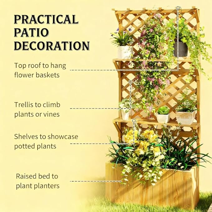 Wooden PlanterRaised Garden Bedwith Trellis Hanging Roof Plant Shelf Drainage Holes and Bed Liner