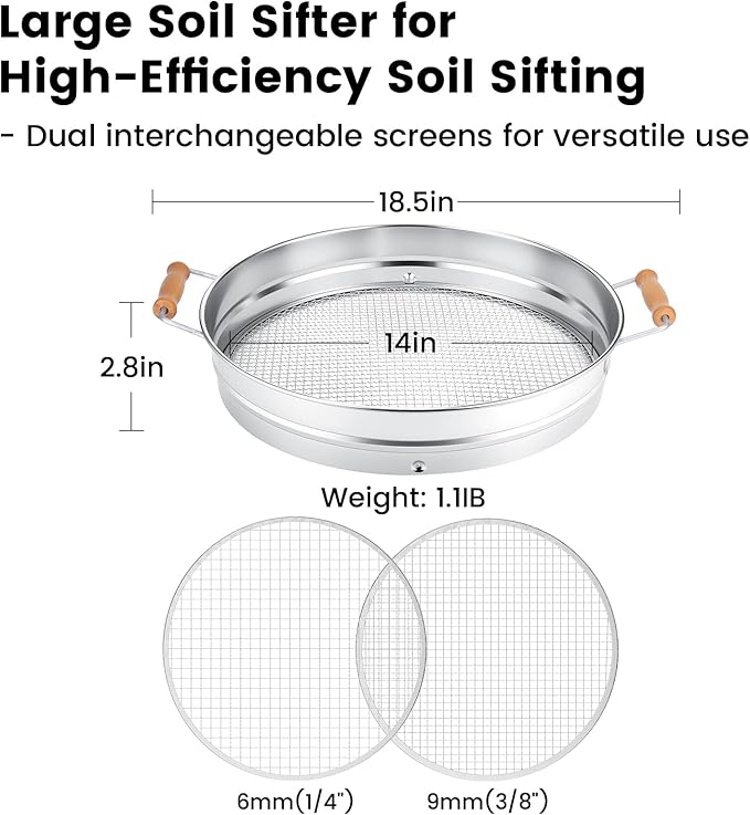 Soil Sifter with Handle for Gardening–14 Large Stainless Steel Soil Sieve-2 Replaceable Mesh Screens 6mm/9mm-Garden Sifter for Dirt Rocks Compost Gravel Pellet Sand