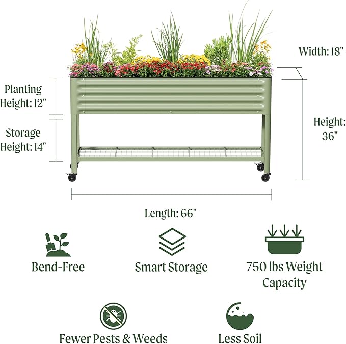 Rolling Elevated Raised Garden Bed - Slim Series 1.5' x 5.5' Outdoor Planters Boxes with Legs &amp Storage Rack for Patio 750 Lbs Weight Capacity Raised Beds for Gardening Herbs Flowers Modern Gr