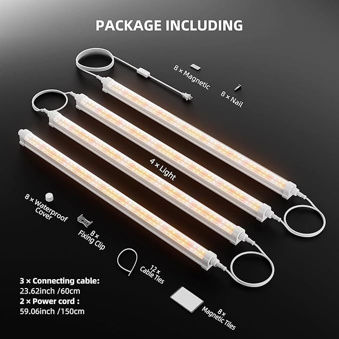 Spider Farmer 2FT LED Grow Lights for Indoor PlantsFull Spectrum (3000K+5000K+660nm)80W (4x20W400W Equivalent)3-Level DimmableIP65 WaterproofLinkable DesignPlant Light Strip for Shelve4-Pack