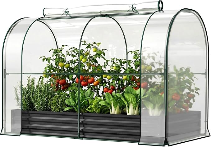SUNYRISY Galvanized Raised Garden Bed with Greenhouse Outdoor Metal Planter Box Kit with Bed Cover Garden Box Protection for Gardening Vegetables Flowers Herbs Planting Black