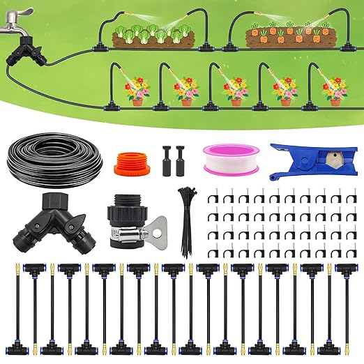 60FT Drip Irrigation System Automatic Garden Watering Kit with 360° Bendable Hose &amp 20 Adjustable Nozzles Water Pressure Powered Sprinkler System for Greenhouse Lawn GardenYard &amp Plants