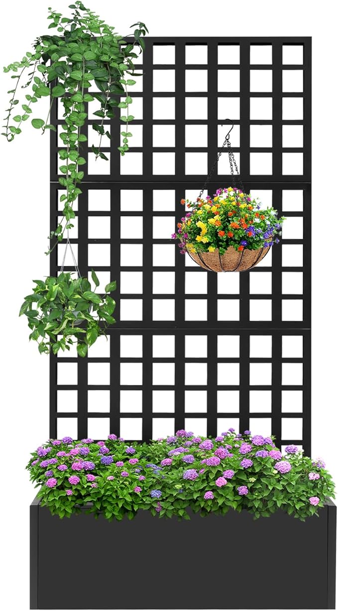 Metal Planter Box with Trellis12 Inch Deep Garden Planter with Privacy ScreenSteel Metal Raised Bed Planters for Climbing RoseFlowersPlants (Black)