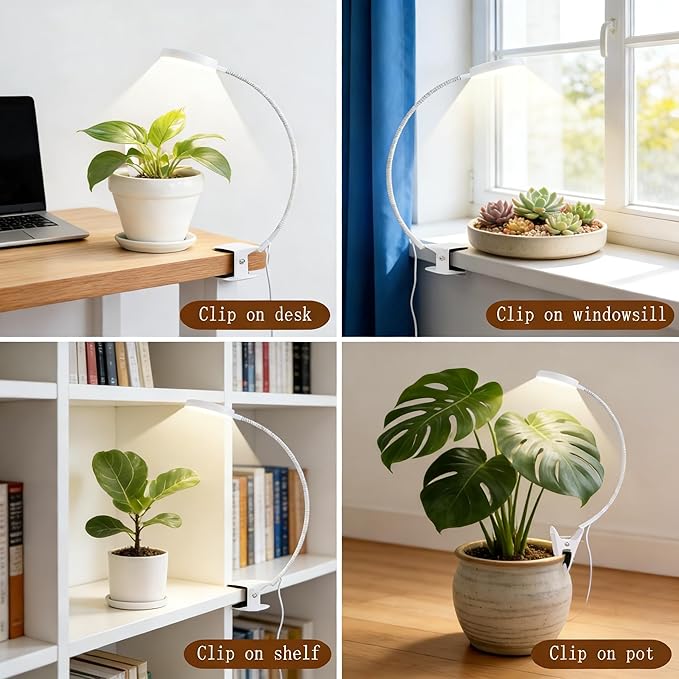 VC.Formark Clip On Plant Grow Lights for Indoor Plants Small Potted - Full Spectrum 3 Modes 10-Level Dimmer 3/9/12H Timer &amp Durable Metal Gooseneck for SucculentsHerbs