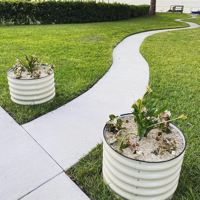 17 Tall Herb Raised Garden Bed for Basil Lavender Sages 24 Wide Round Fruit Tomato Planter Box for Gardening Blueberries Figs Flower Metal Pot Container for Rose Twin Pack Pearl White